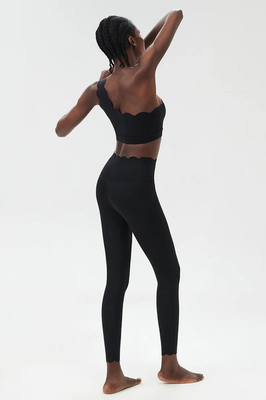 Women Wave Hem Liquid Yoga Set - One-Shoulder Bra & Sculpting Leggings