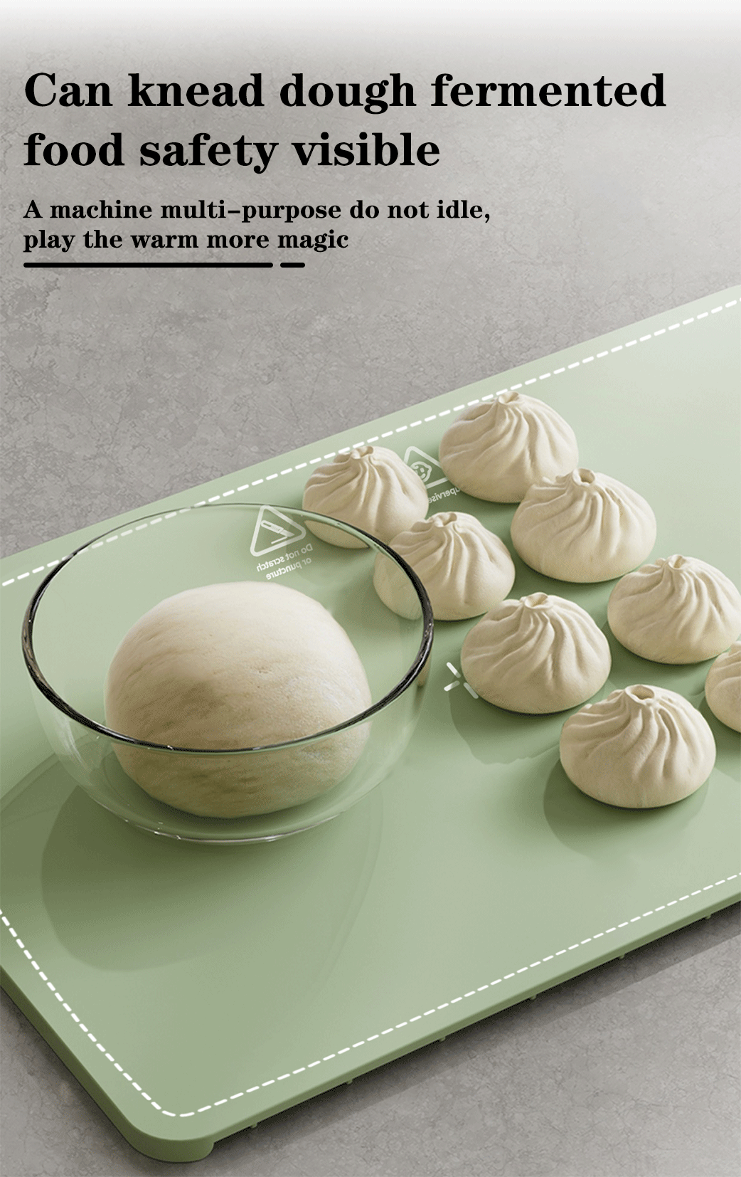 Bun-making process with dough on a green tray