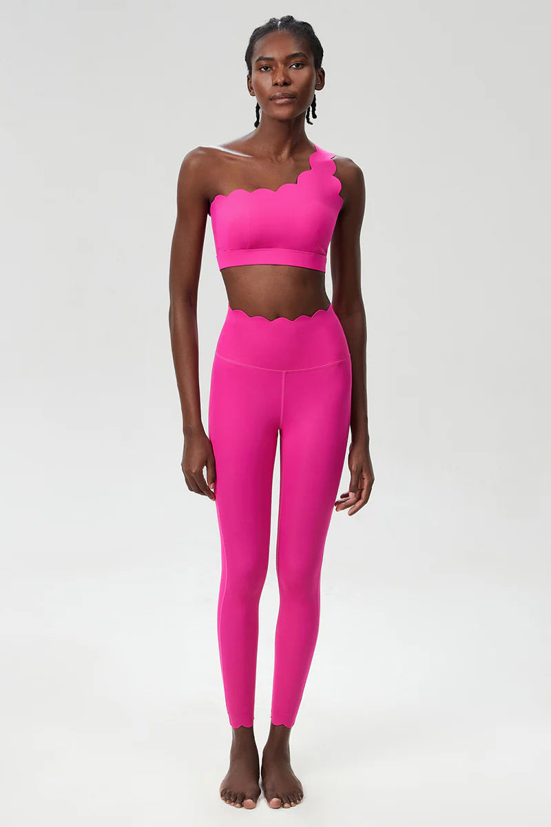 Women Wave Hem Liquid Yoga Set - One-Shoulder Bra & Sculpting Leggings