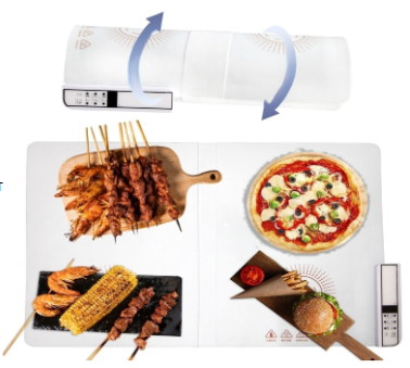 Roll of paper with images of food items and a device on a white background