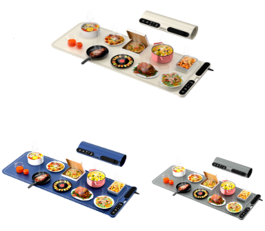 Set of portable cooktops with food on a white background