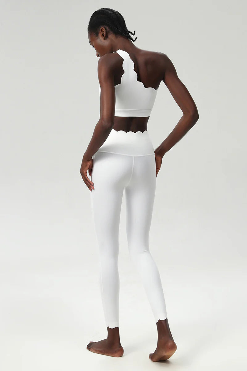 Women Wave Hem Liquid Yoga Set - One-Shoulder Bra & Sculpting Leggings