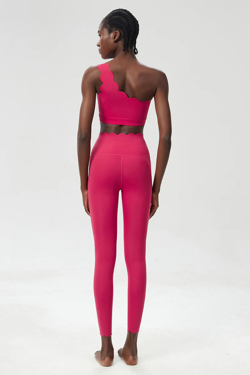 Women Wave Hem Liquid Yoga Set - One-Shoulder Bra & Sculpting Leggings