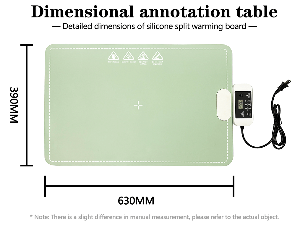 Silicone split warming board with dimensions and power cord on a white background