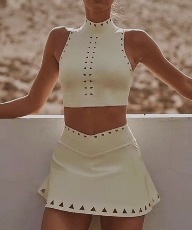High Neck Laser Cut Leisure Bra & Skirt Set