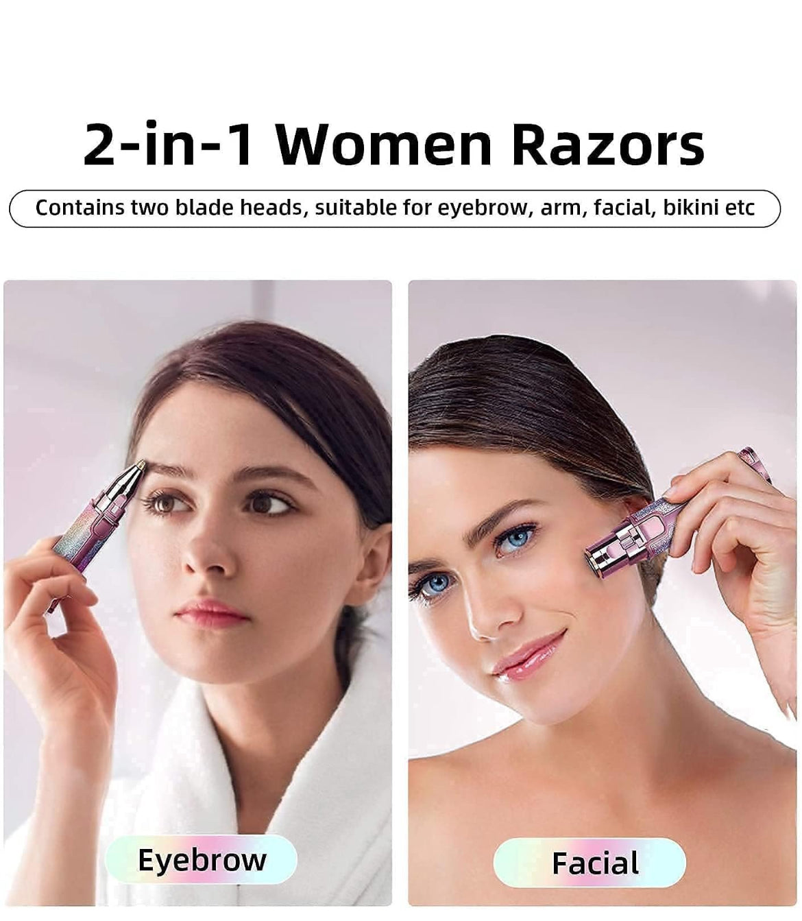 2-in-1 Glitter Glam Facial Hair Remover – Rechargeable Eyebrow & Face Trimmer for Women (Dual Head)