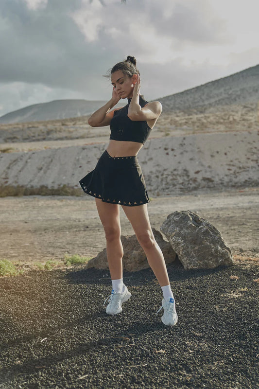 High Neck Laser Cut Leisure Bra & Skirt Set