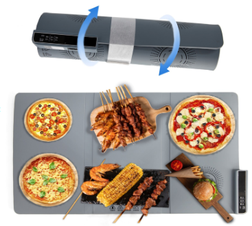 Multifunctional cooking mat with food items and a portable grill on a white background