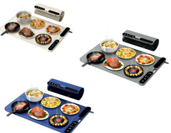 Multiple electric cooktops with food on a white background