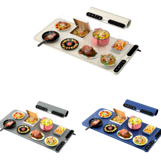 Portable cooktop with food items on a white background
