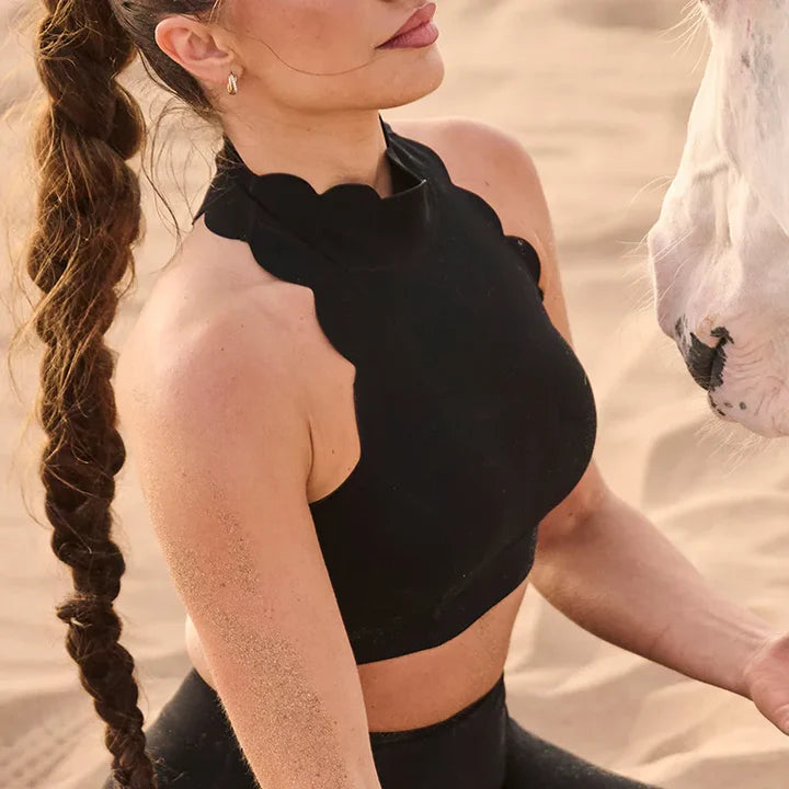 Scallop High Neck Ribbed Crop Top