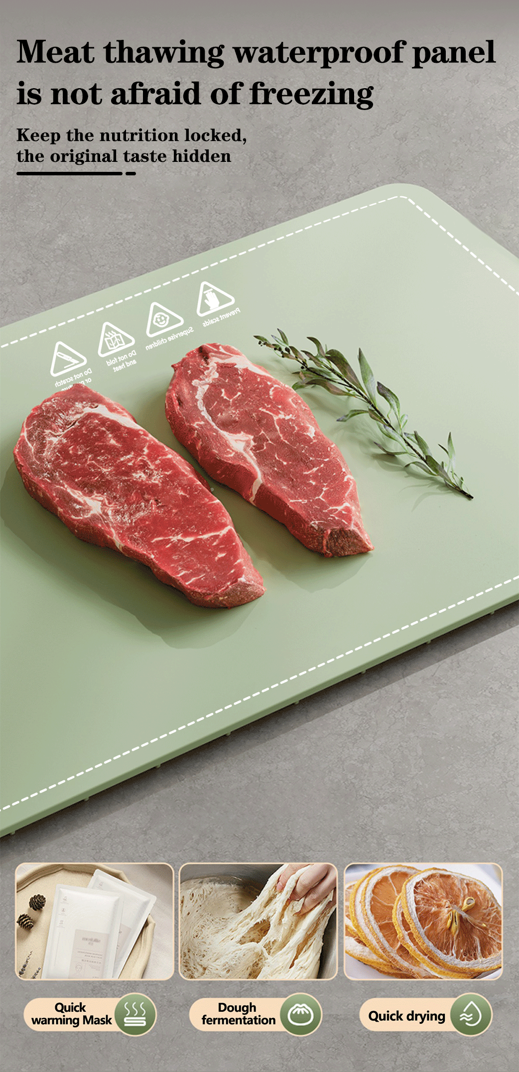 Two pieces of raw meat on a green thawing panel with text about its properties.